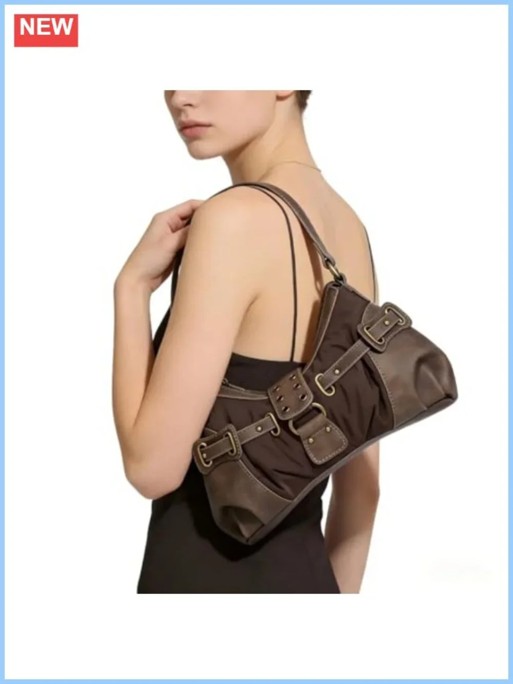 Y2K Retro Grunge Small Hobo PU Leather and Nylon Punk Trendy Shoulder Bag